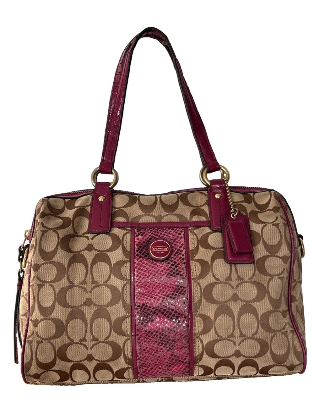 COACH Y2K F24884 Signature Stripe Python Satchel Khaki Raspberry Pink Snake LTR